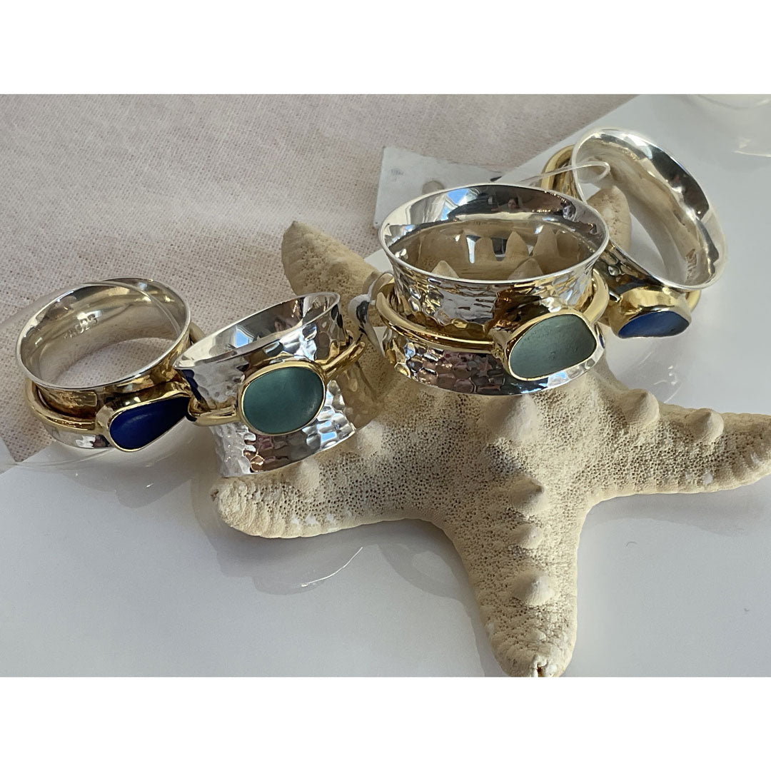 Beautiful Green Sea Glass, Gold, & Sterling Silver Spinner Ring