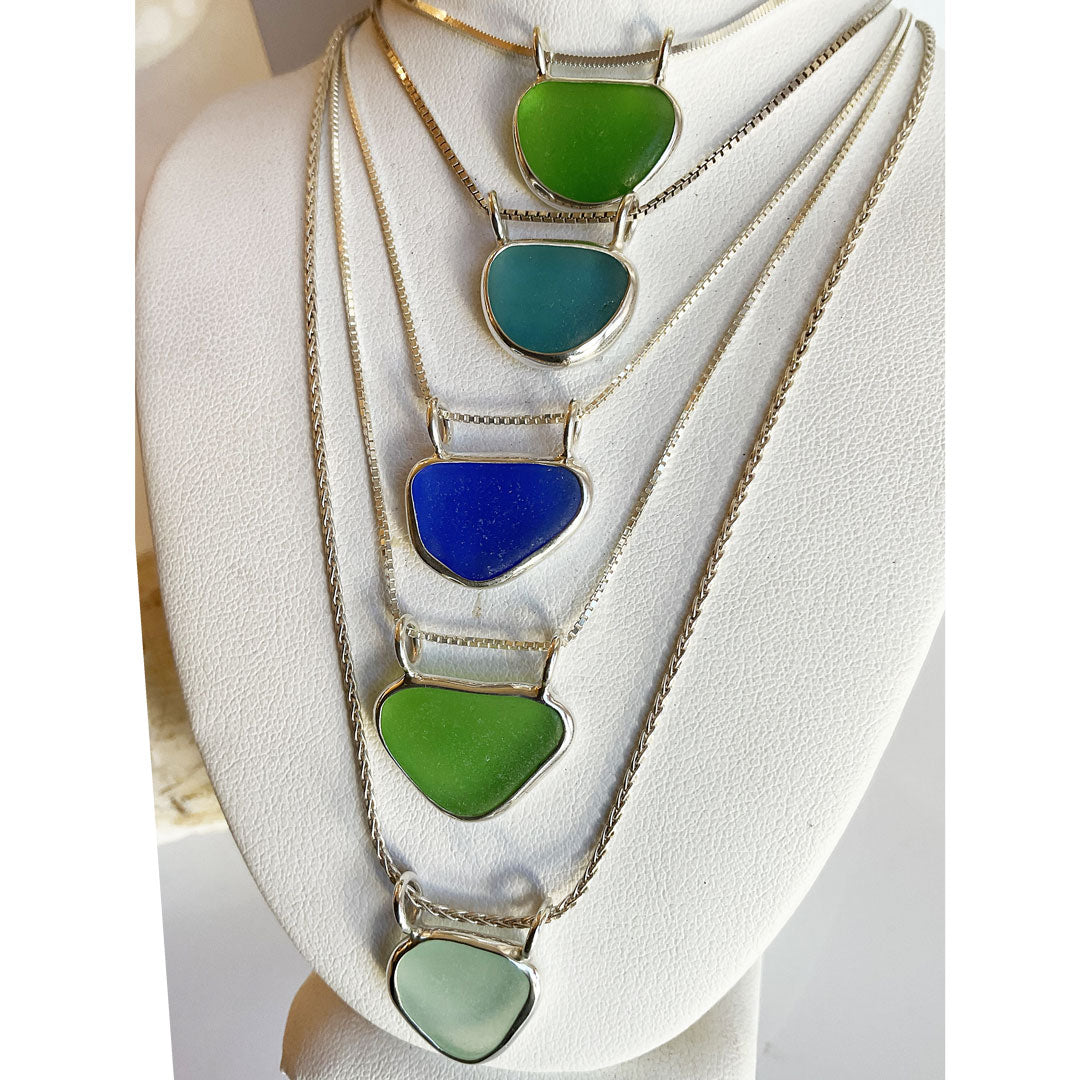 Sea Glass Pendants with Double Bail Genuine Sea Glass and Sterling Silver Pendant - Variety of Colors: Cornflower, Cobalt, Aqua, & Green - Each Sold Separately