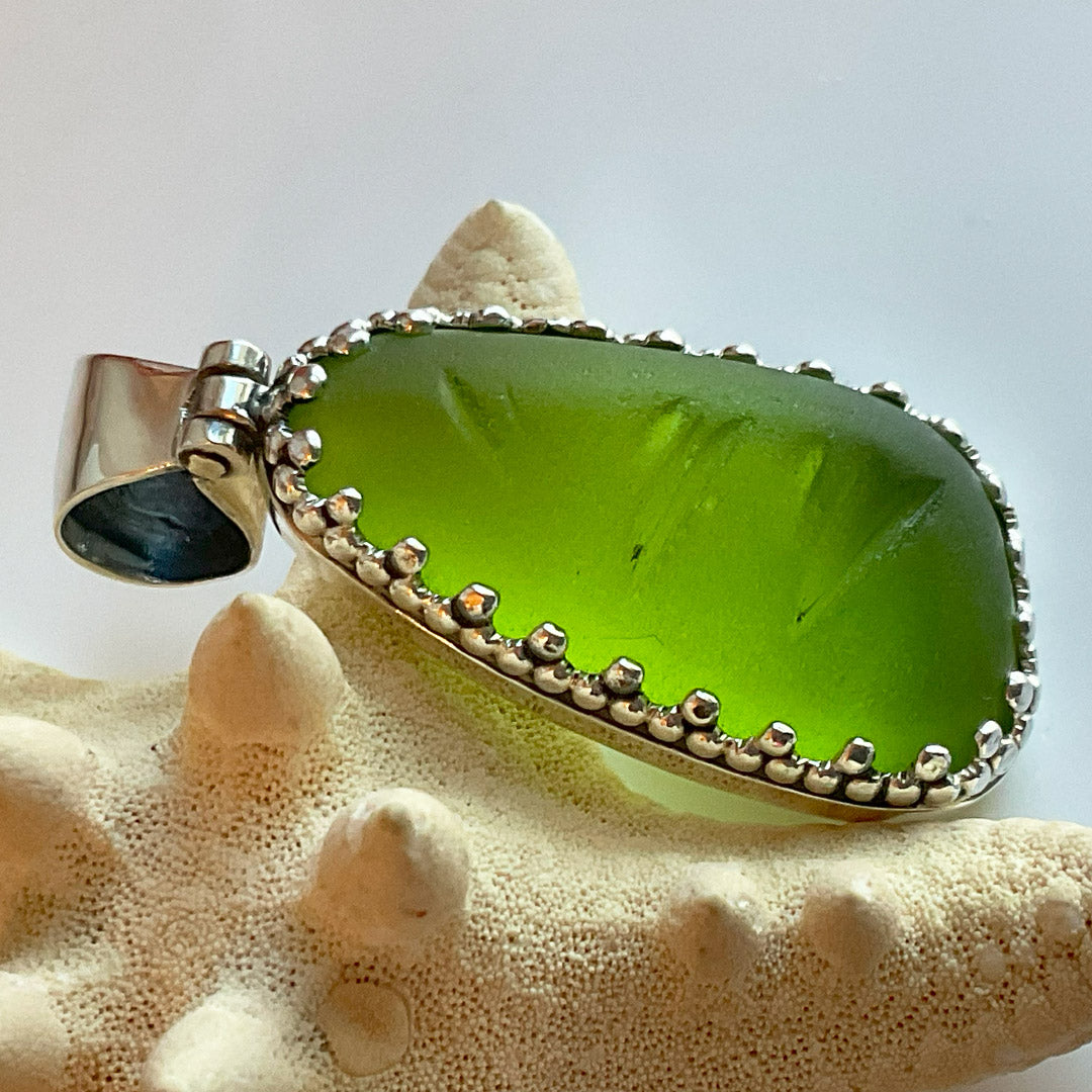 Chartreuse Collectors Green Sea Glass and Sterling Silver Pendant