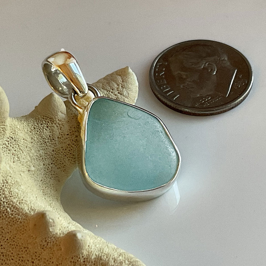 Aqua Sea Glass and Sterling Silver Pendant
