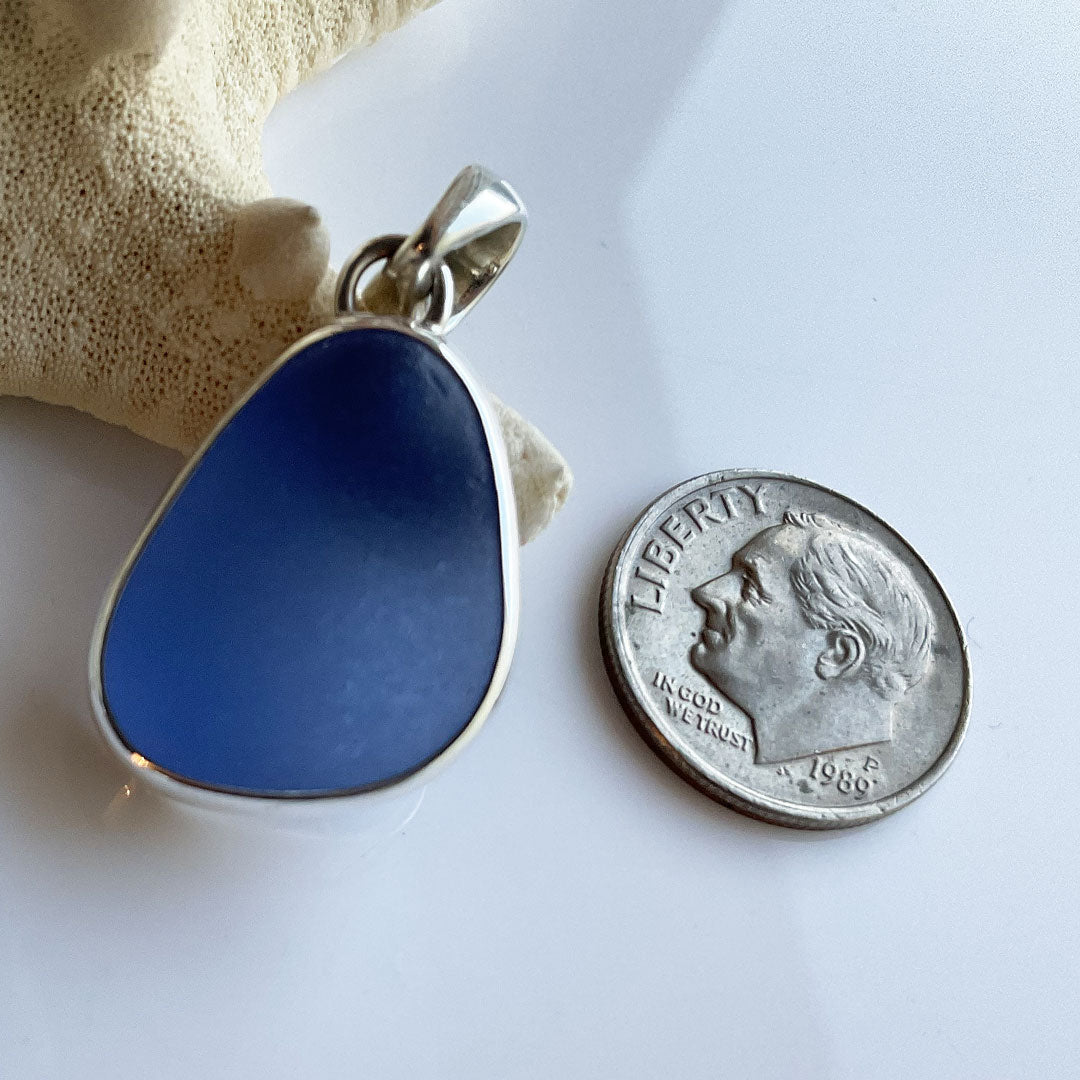 Genuine Cornflower Sea Glass and Sterling Silver Pendant