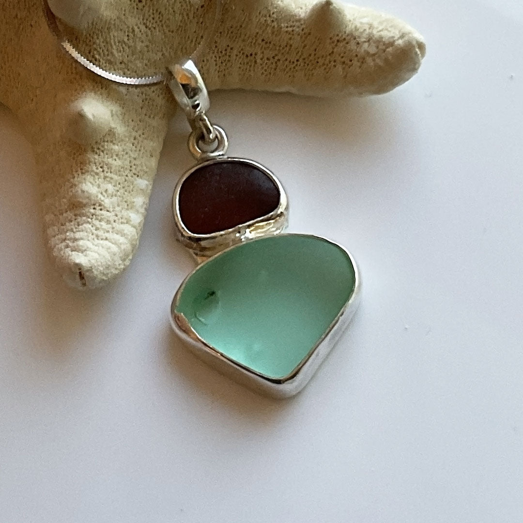 Cobalt & Seafoam Sea Glass and Sterling Silver Pendant
