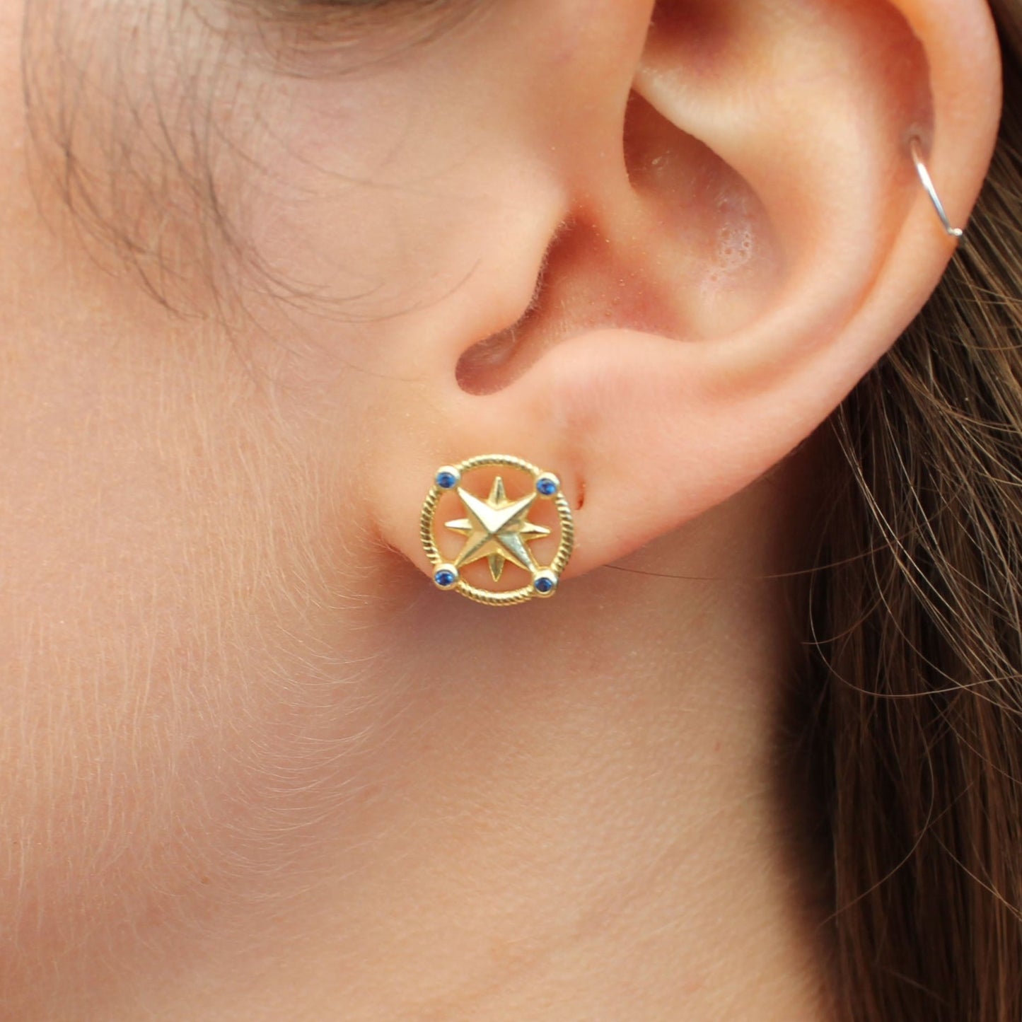 Gold Compass Rose with Sapphire Earrings