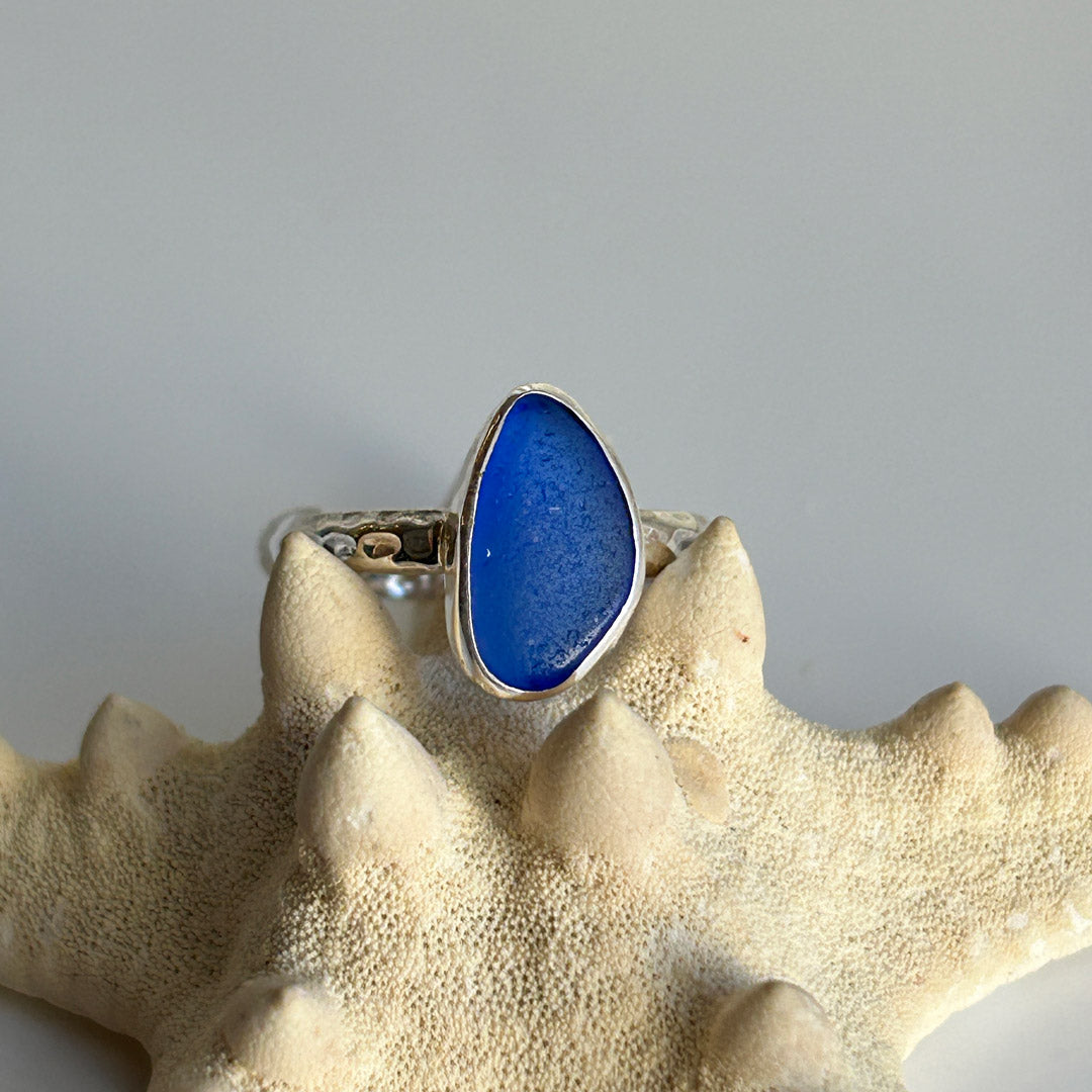 Cobalt Sea Glass & Sterling Silver Ring, Matching Cobalt Sea Glass Infinity Drop Earrings, Bracelet, & Pendant (Each Sold Separately)
