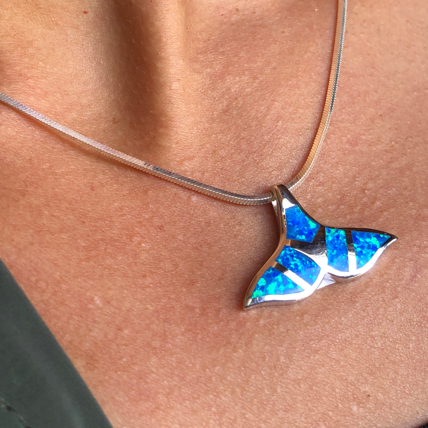 Whale Tail Blue Opal and Sterling Pendant