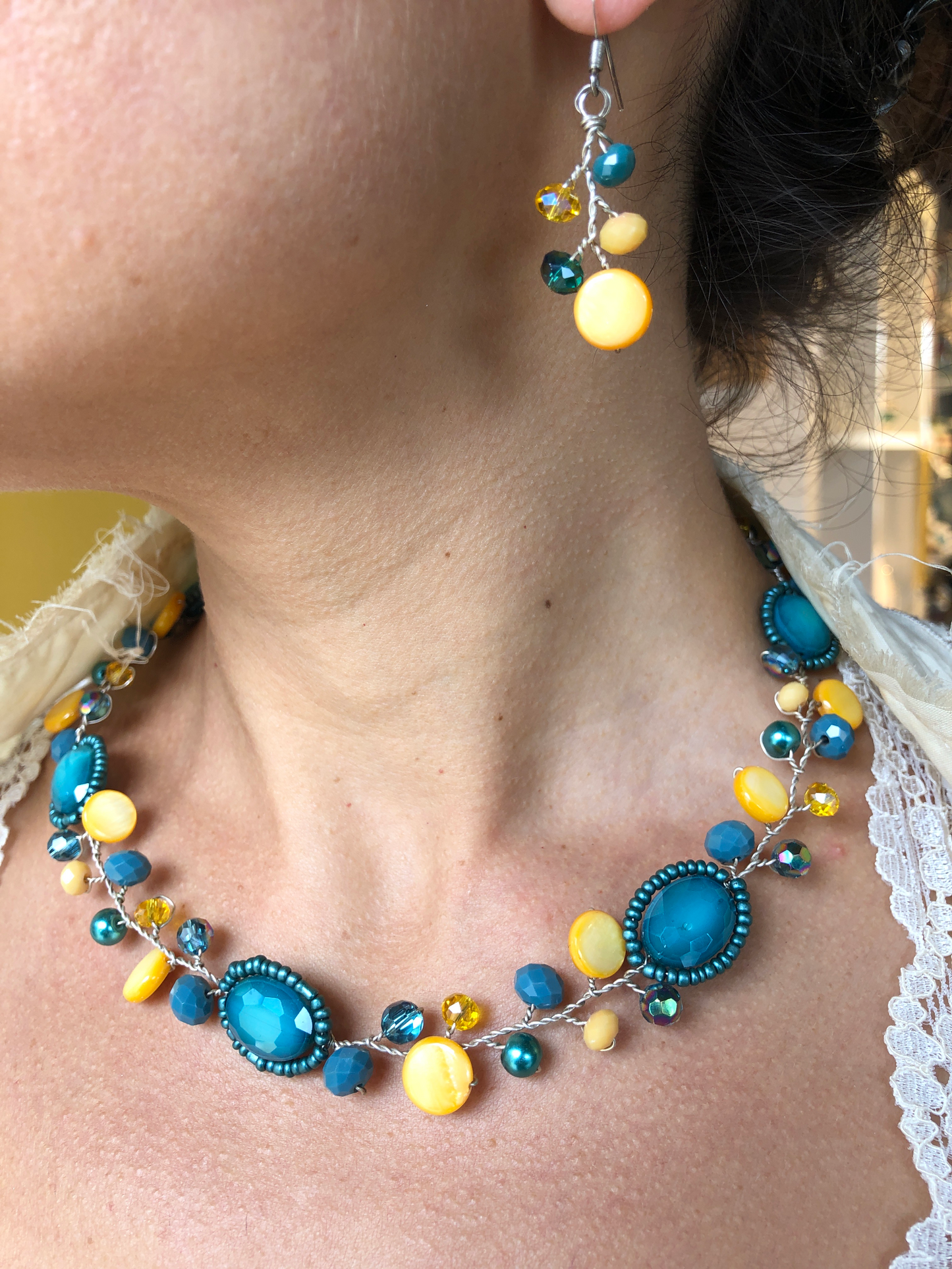 Branch Necklace- Teal & Yellow