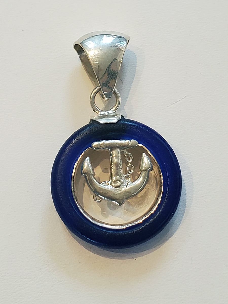 Cobalt Bottle Top Sea Glass & Sterling Silver Anchor Pendant