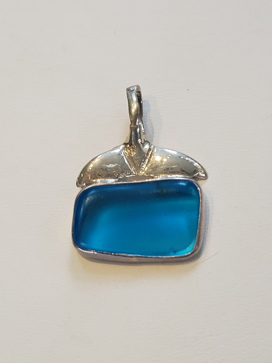 Blue Sea Glass & Sterling Silver Pendant