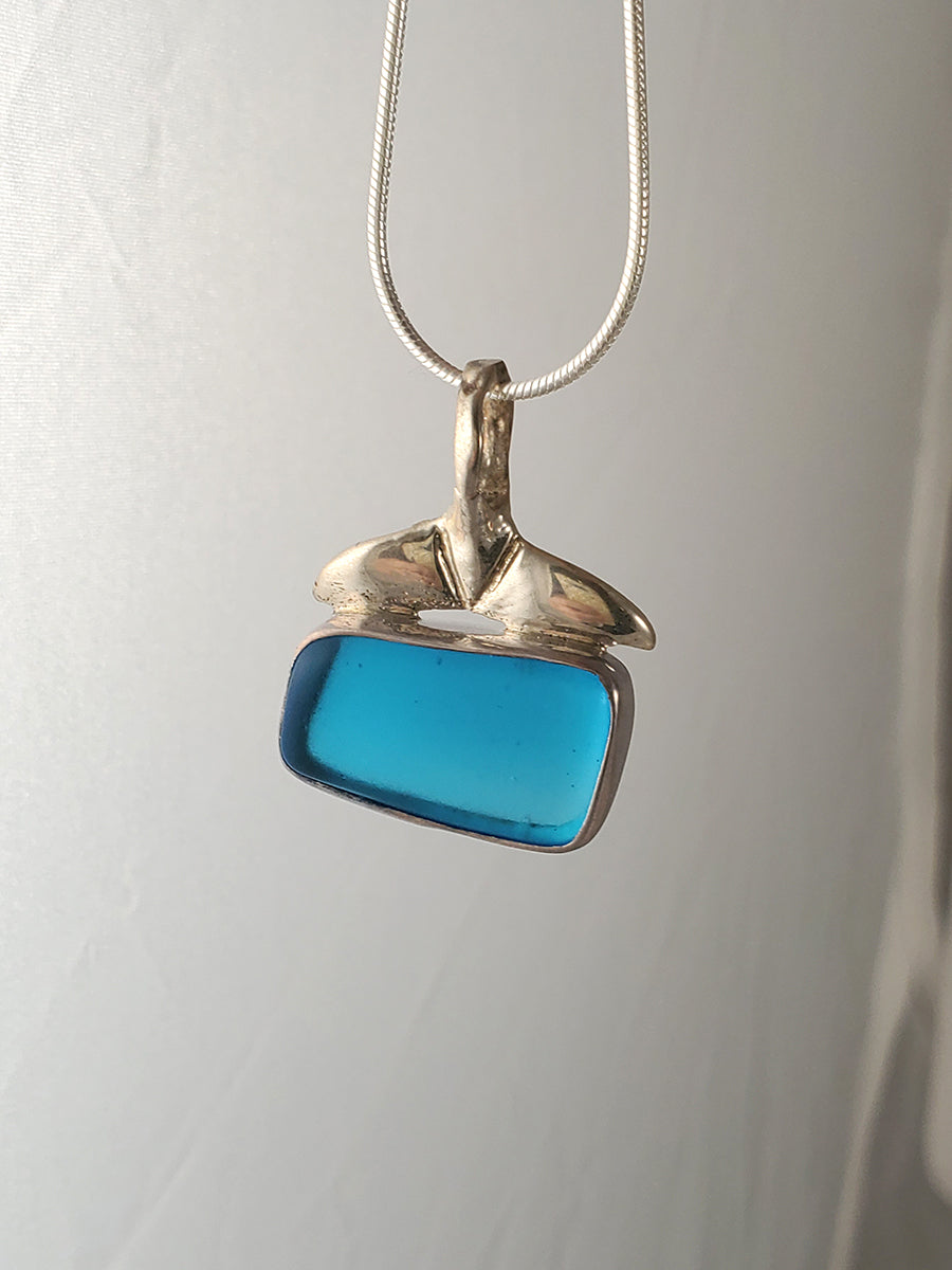 Blue Sea Glass & Sterling Silver Pendant