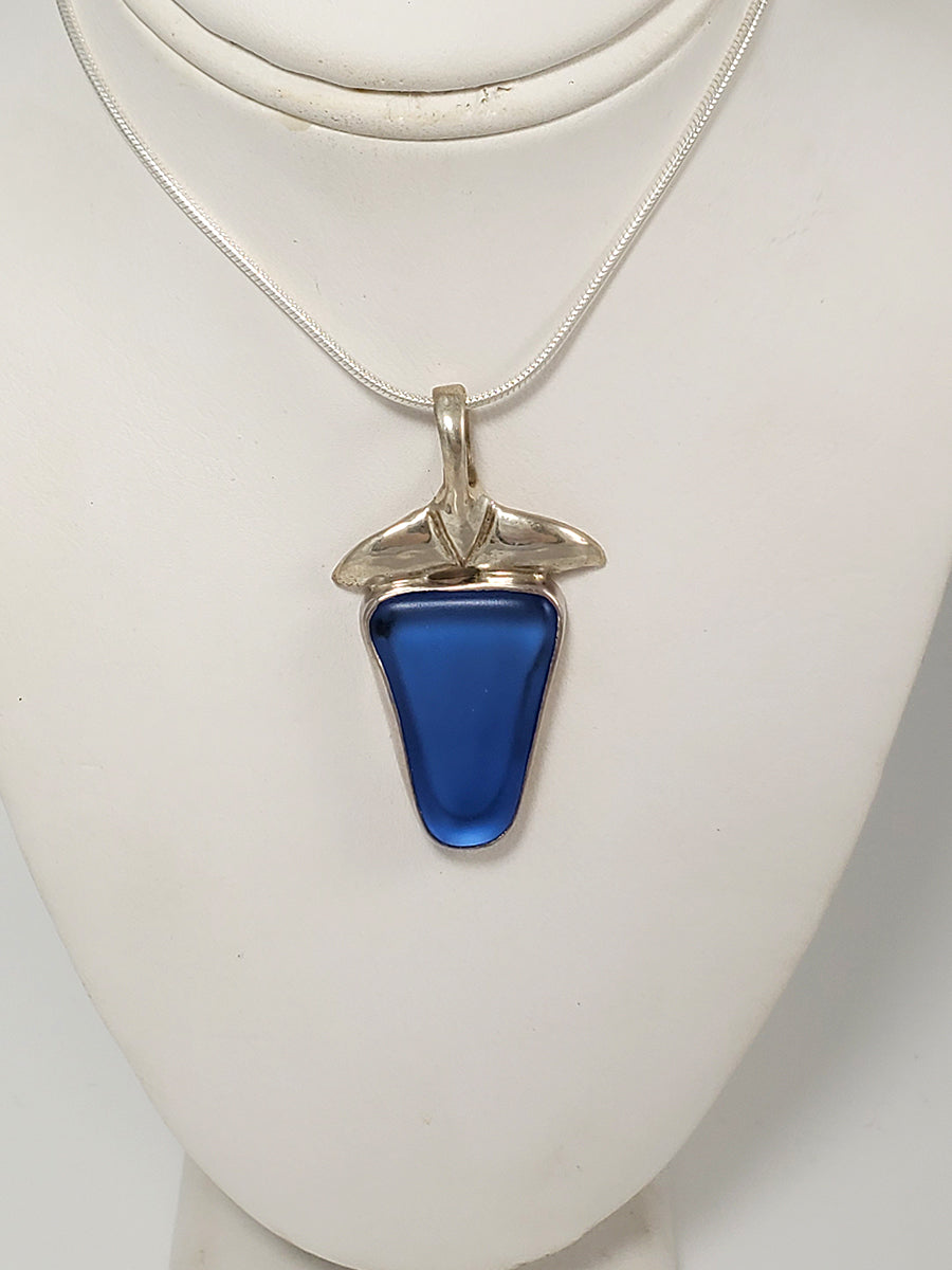 Blue Sea Glass & Sterling Silver Pendant