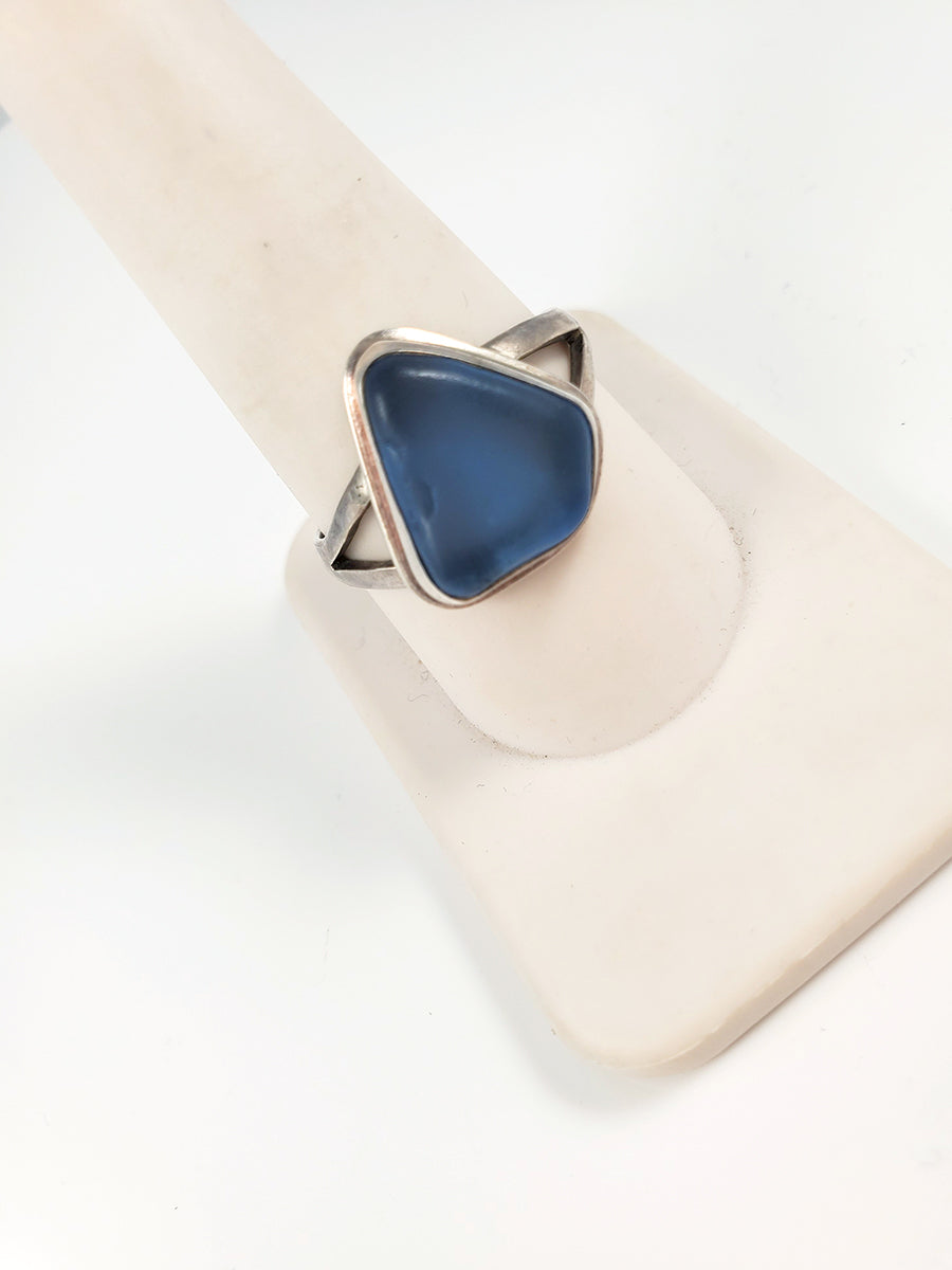 Blue Sea Glass & Sterling Silver Ring