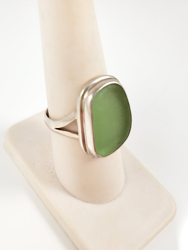 Green Sea Glass & Sterling Silver Ring