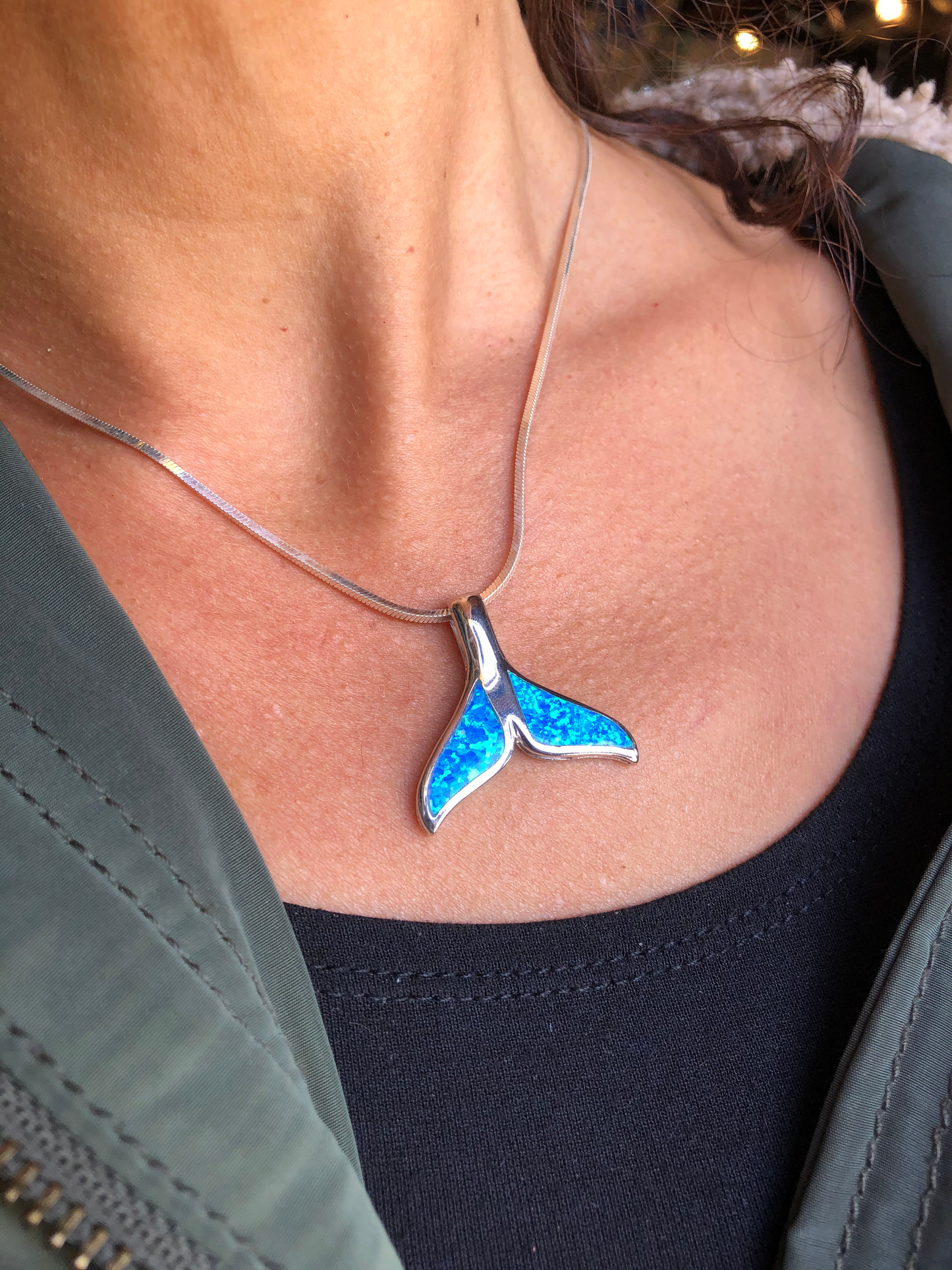 Blue Opal & Sterling Silver Whale Tail Pendant