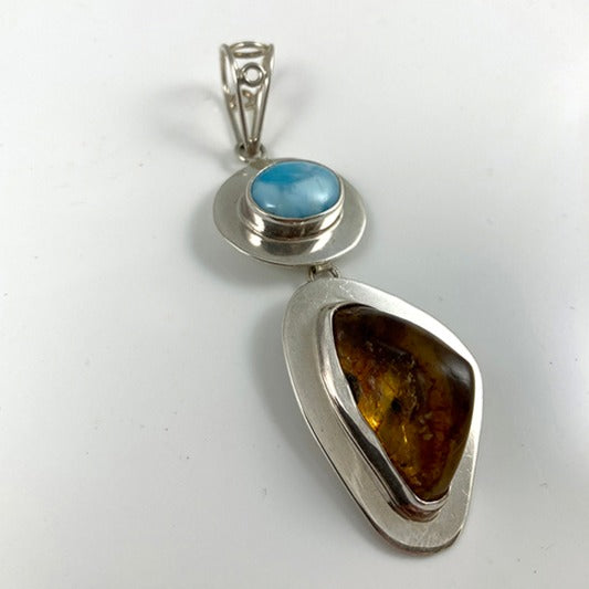 Amber, Larimar & Sterling Silver Pendant