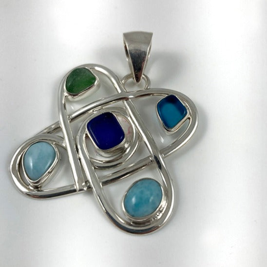Larimar, Sea Glass & Sterling Silver Pendant