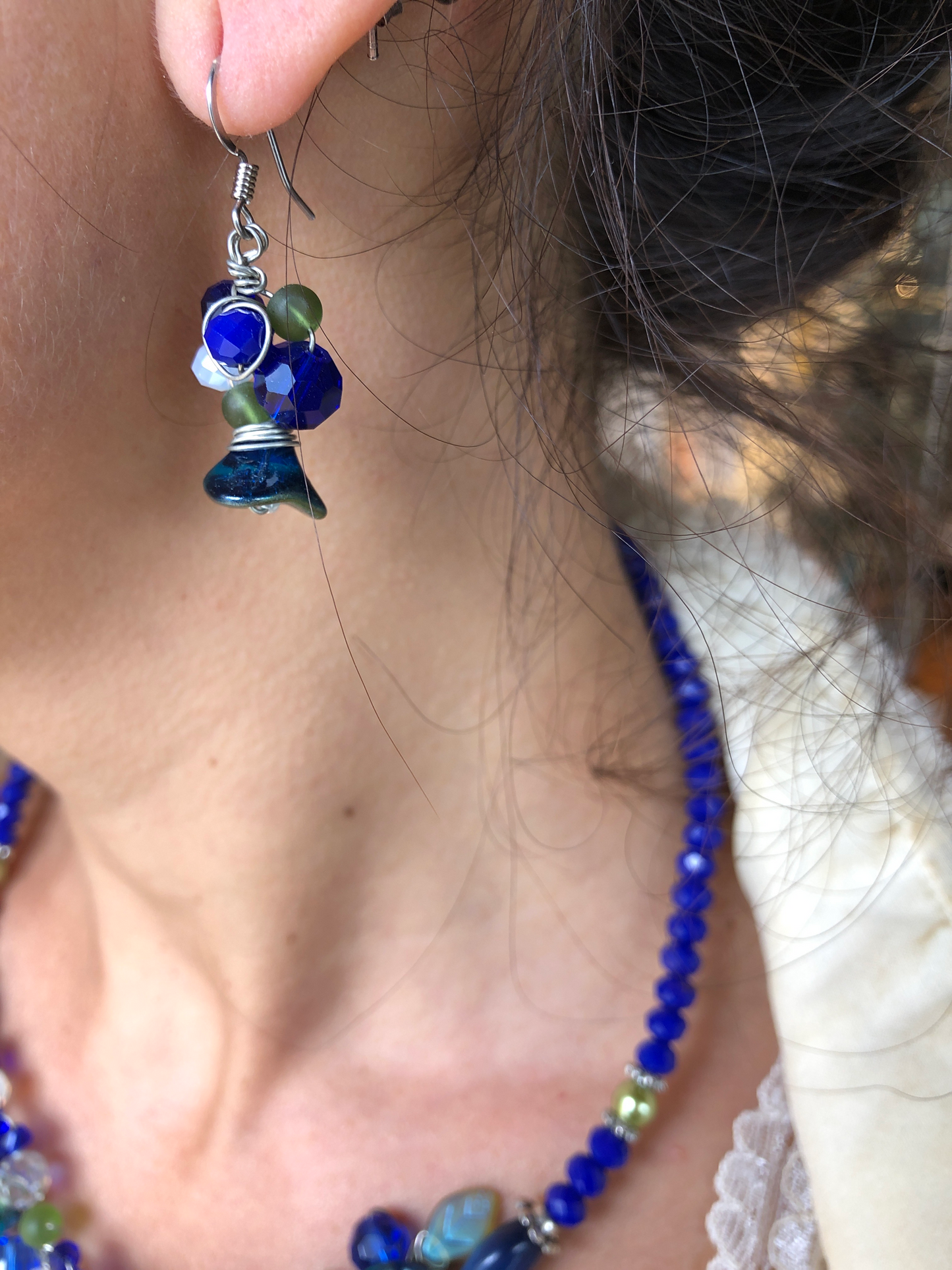 Turquoise, Cobalt, Green Sea Glass, and Sterling Silver Branch Earrings