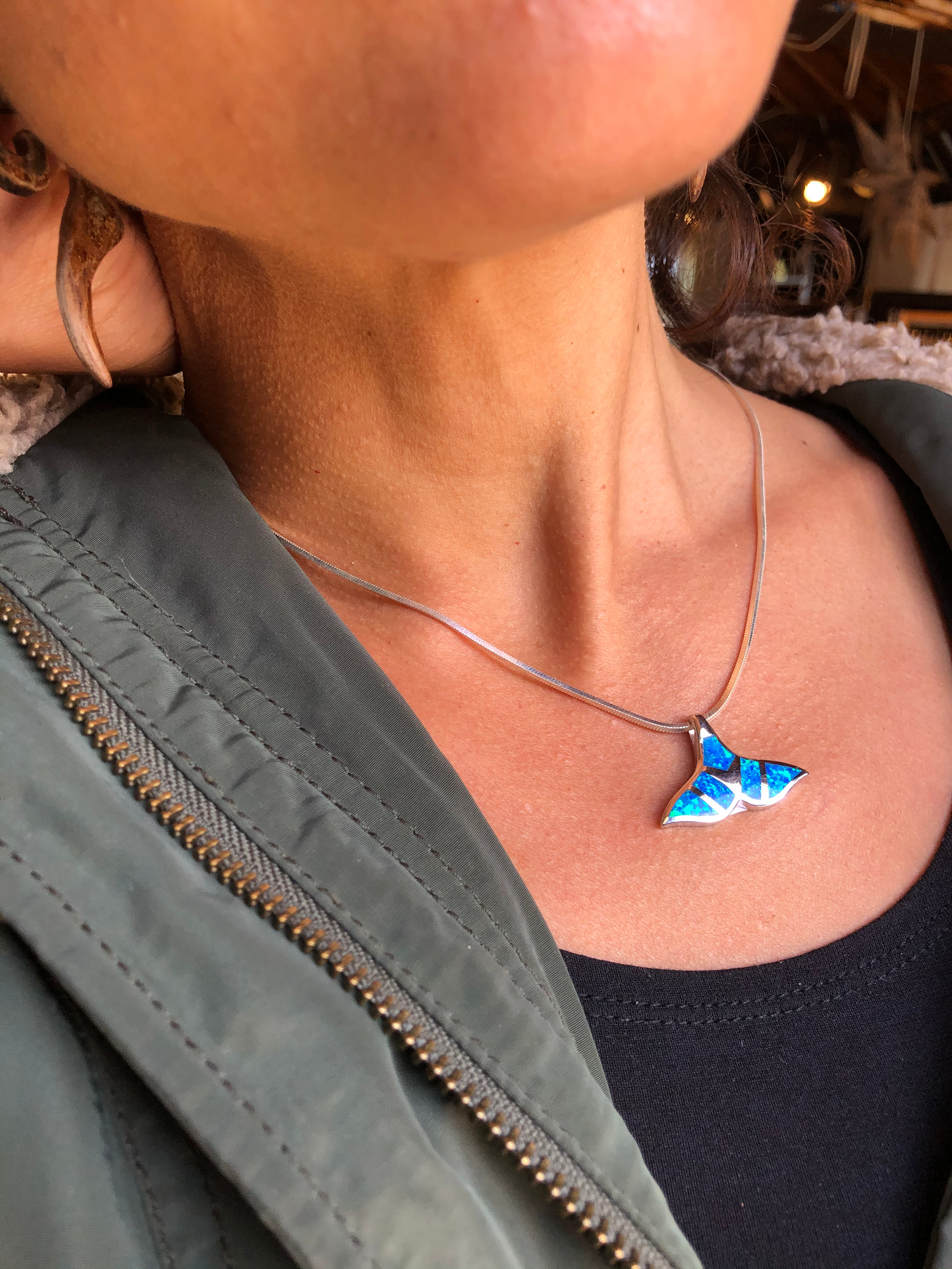Whale Tail Blue Opal and Sterling Pendant