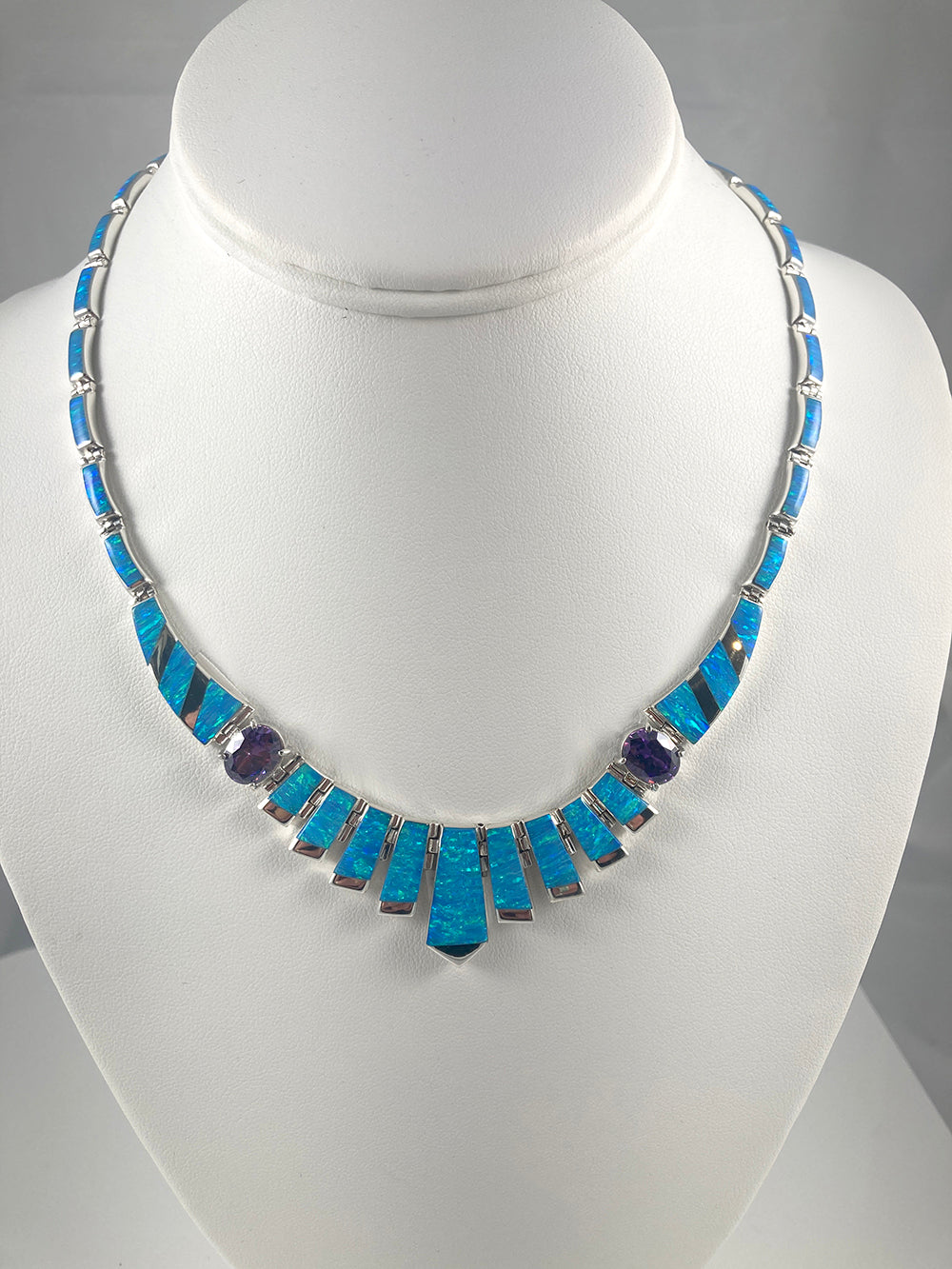 Lab Opal & Amethyst set in Sterling Silver Necklace