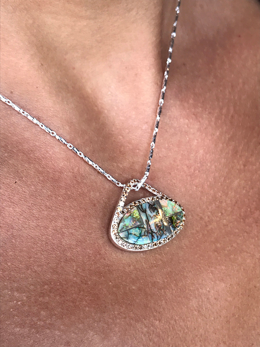 Spiderweb Opal & Cubic Zirconia Pendant
