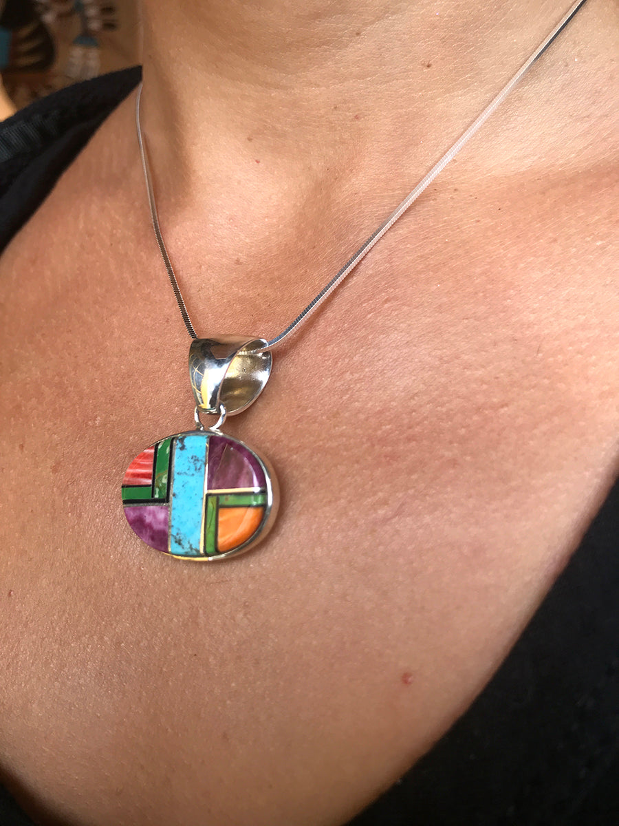 Turquoise, Green Mohave Turquoise, Spiny Oyster & Jet Inlay Pendant