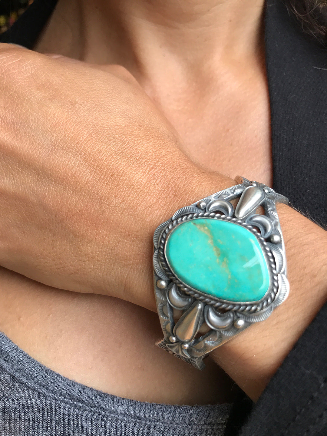 Turquoise & Sandcast Sterling Silver Bracelet