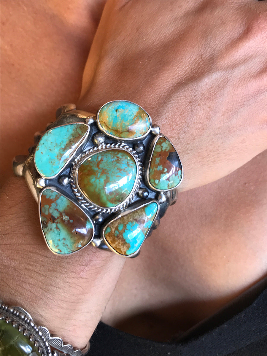 Multi Turquoise Stone & Sandcast Sterling Silver Bracelet