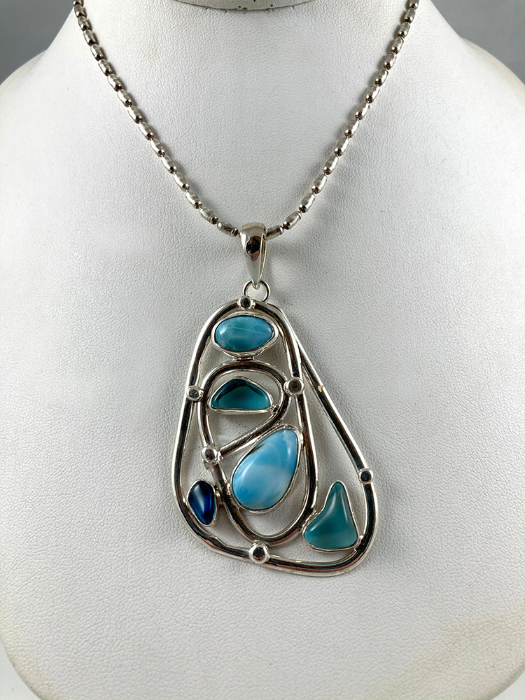 Larimar, Sea Glass & Sterling Silver Pendant
