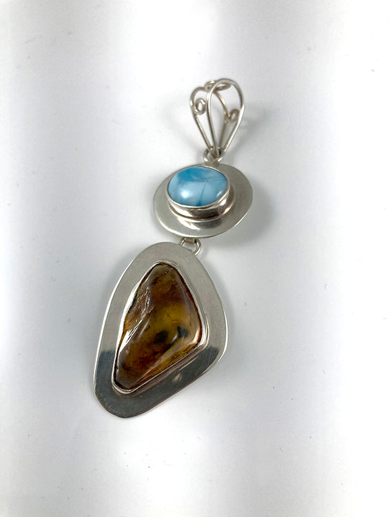 Amber, Larimar & Sterling Silver Pendant