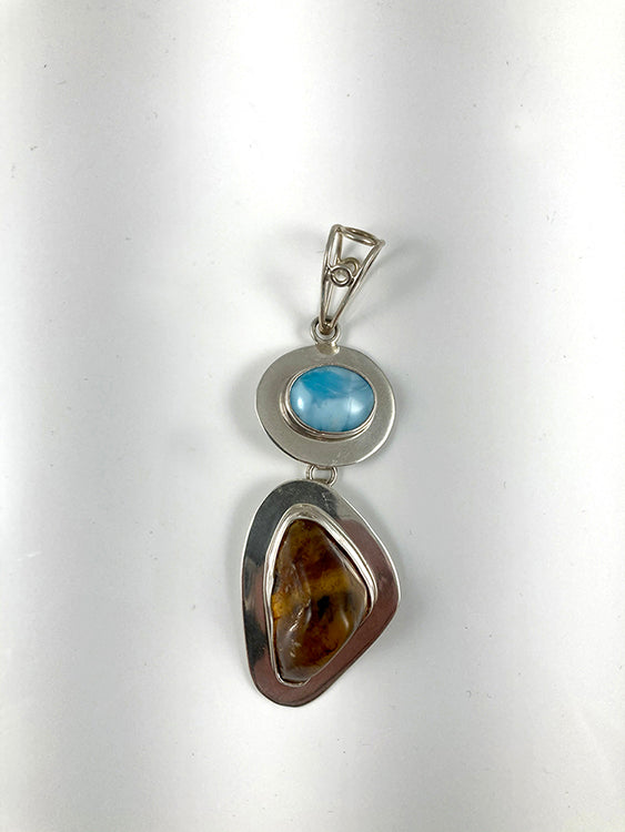 Amber, Larimar & Sterling Silver Pendant