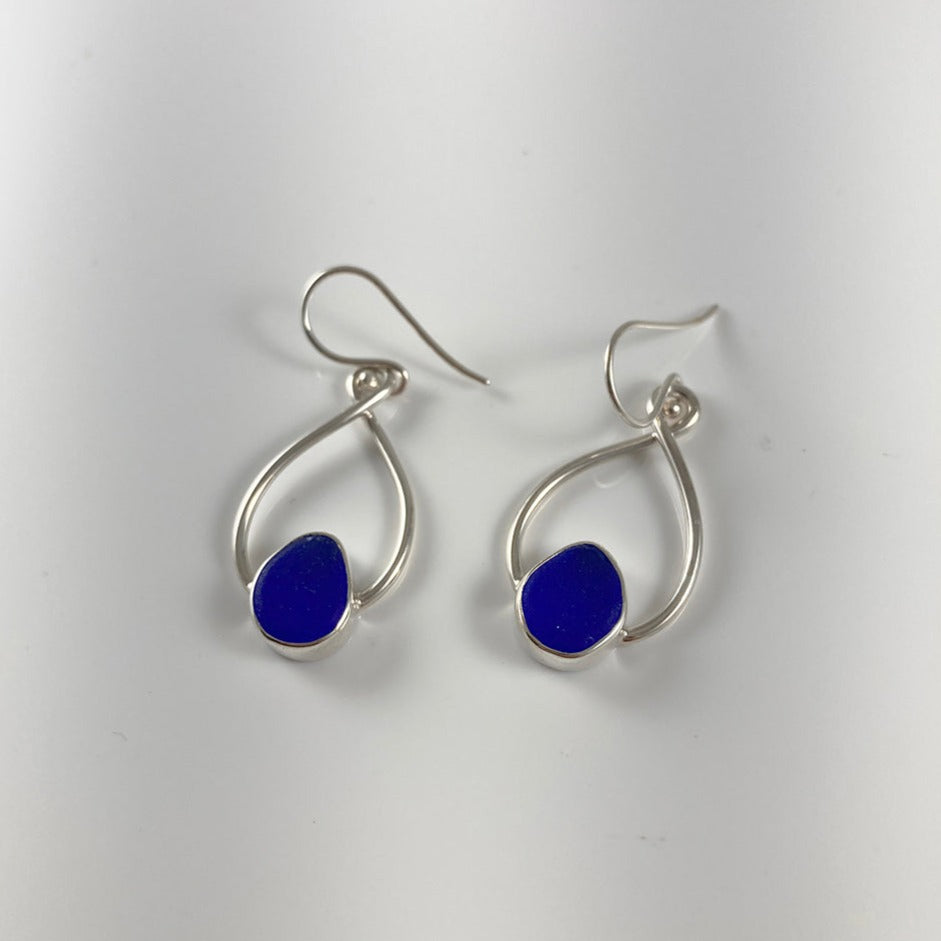 Cobalt Sea Glass & Sterling Silver Ring, Matching Cobalt Sea Glass Infinity Drop Earrings, Bracelet, & Pendant (Each Sold Separately)