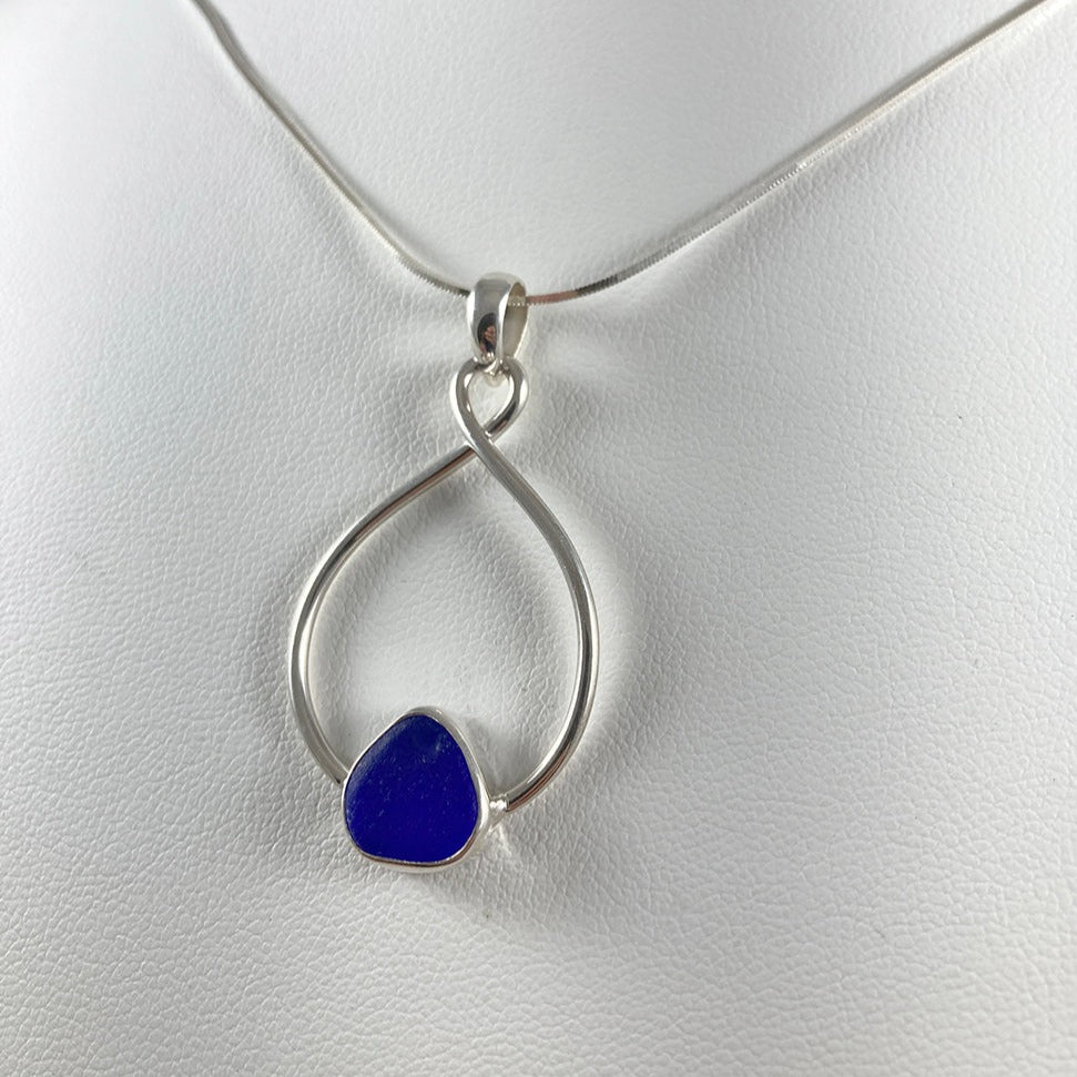 Cobalt Sea Glass & Sterling Silver Ring, Matching Cobalt Sea Glass Infinity Drop Earrings, Bracelet, & Pendant (Each Sold Separately)