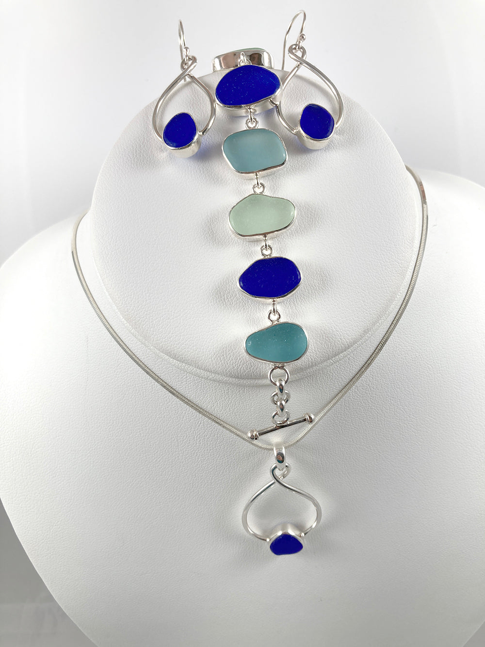 Cobalt Sea Glass & Sterling Silver Drop Earrings, Pendant and Bracelet Set (each sold separately)