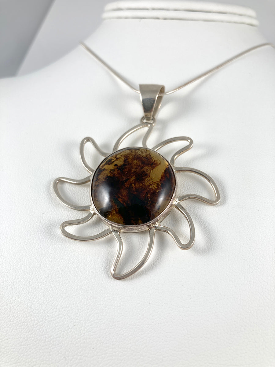 Amber & Sterling Silver Sun Pendant