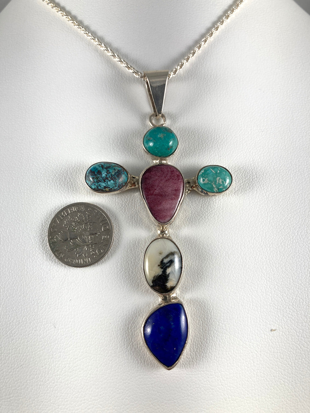 Multi-Stone & Sterling Silver Cross Pendant