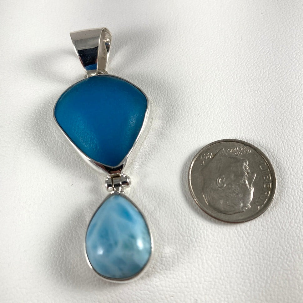 Larimar, Sea Glass & Sterling Silver Pendant
