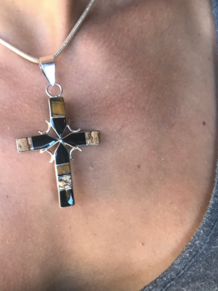Double-Sided Turquoise, Jet, Landscape Jasper & Tiger Eye Cross Pendant