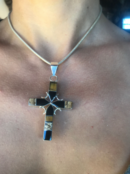 Double-Sided Turquoise, Jet, Landscape Jasper & Tiger Eye Cross Pendant