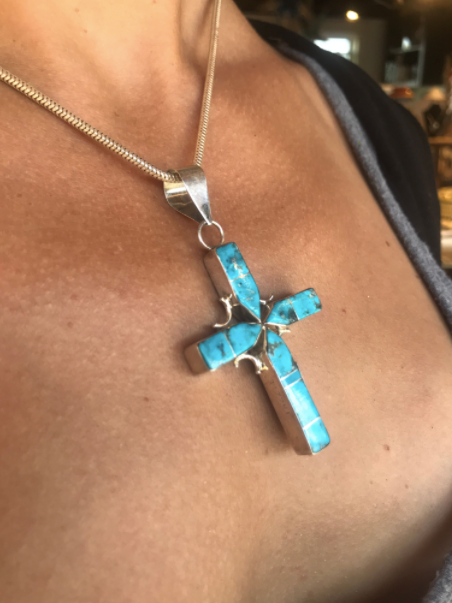 Double-Sided Turquoise, Jet, Landscape Jasper & Tiger Eye Cross Pendant