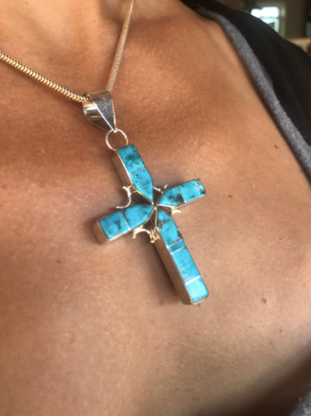 Double-Sided Turquoise, Jet, Landscape Jasper & Tiger Eye Cross Pendant
