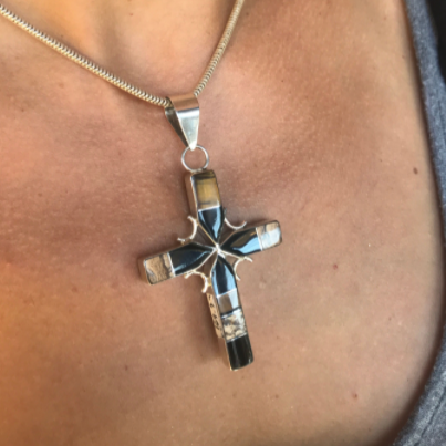 Double-Sided Turquoise, Jet, Landscape Jasper & Tiger Eye Cross Pendant