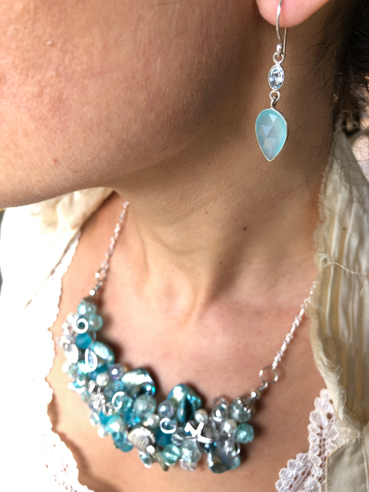 Earrings- Sterling Silver Facetted Chalcedony & Crystal