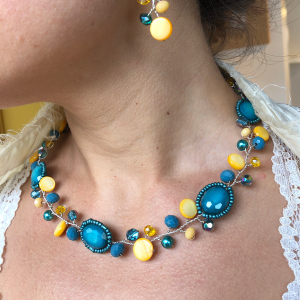 Branch Necklace- Teal & Yellow