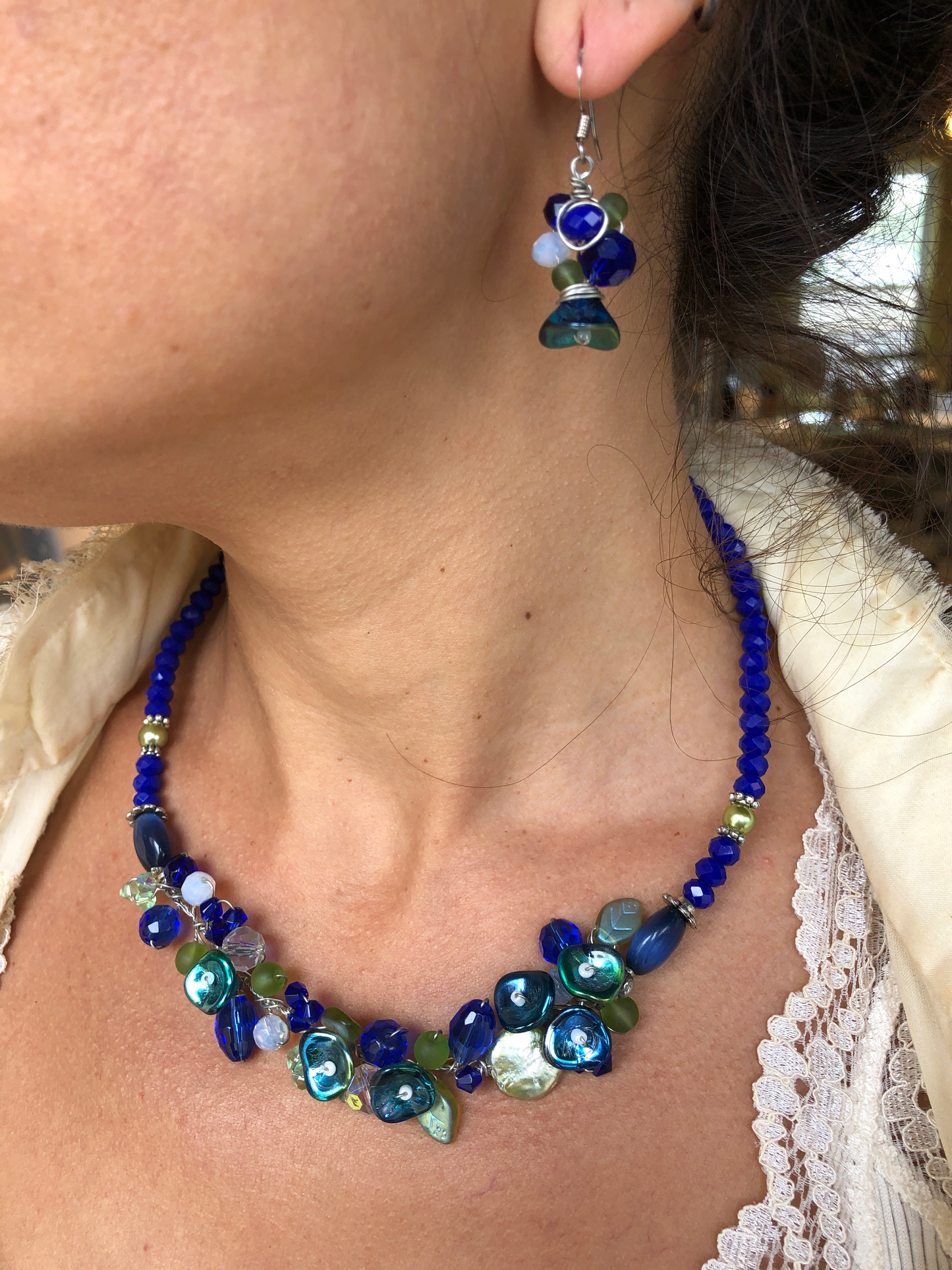 Turquoise, Cobalt, Green Sea Glass, and Sterling Silver Branch Earrings