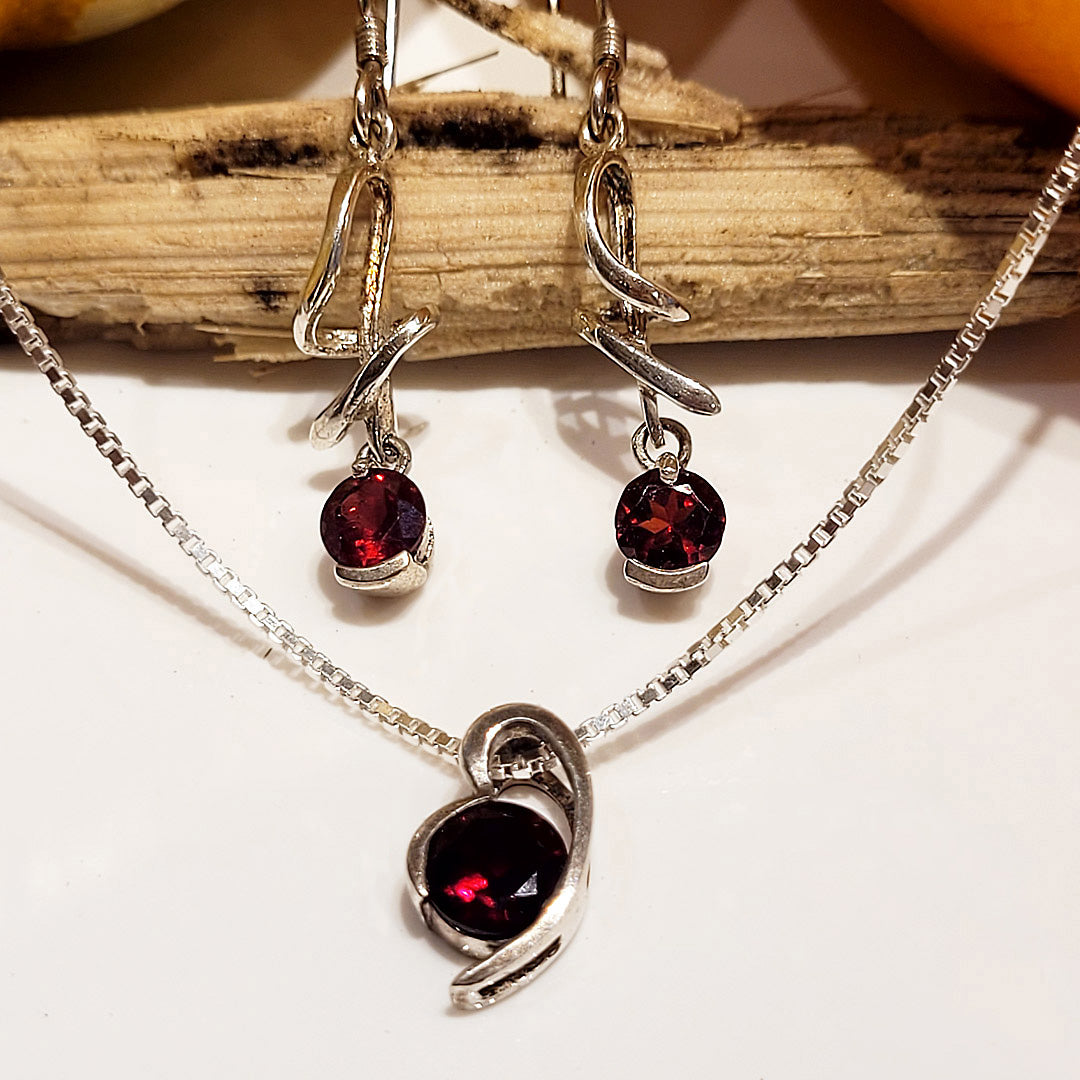 Garnet Birthstone and Sterling Silver Earrings