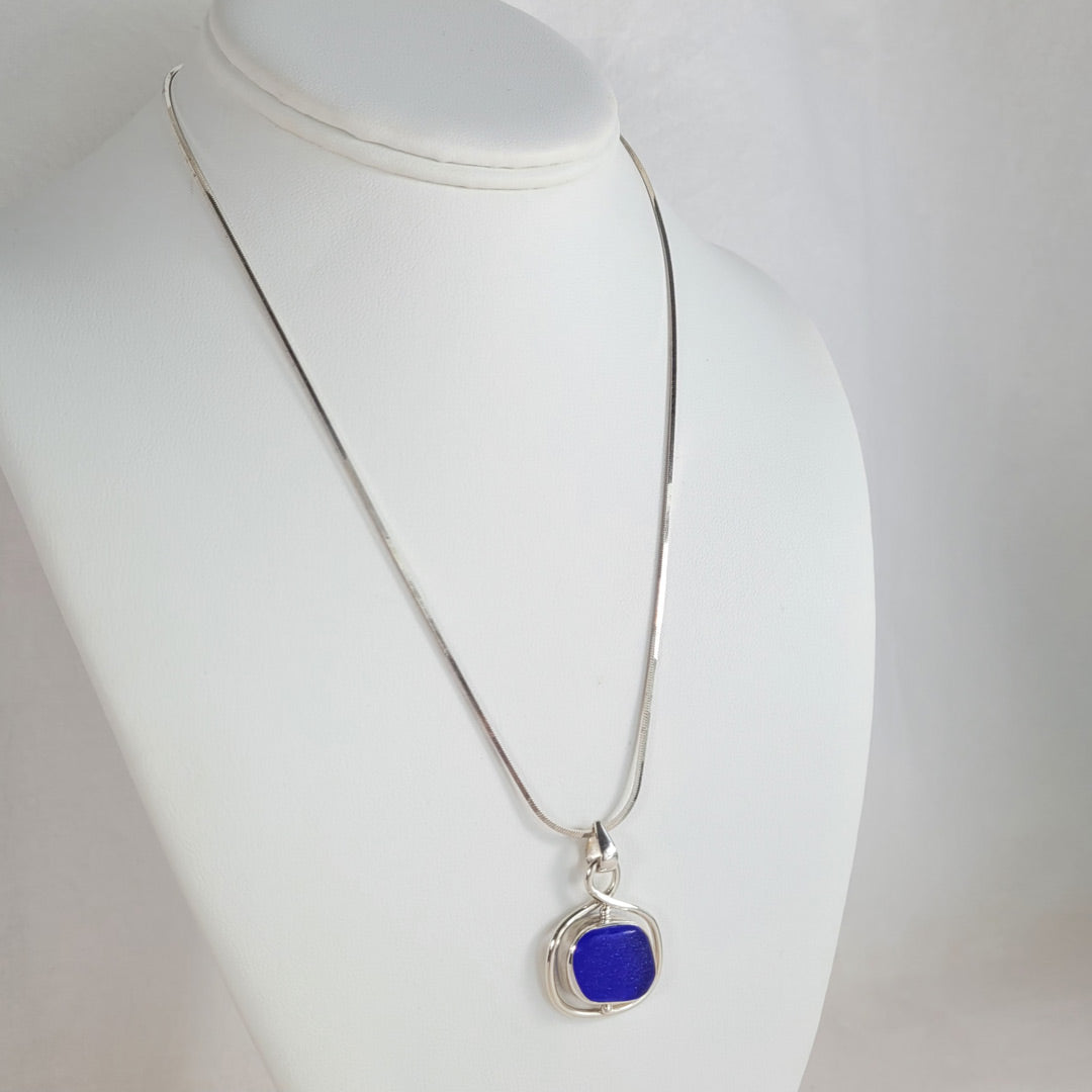 Cobalt Sea Glass & Sterling Silver Pendant