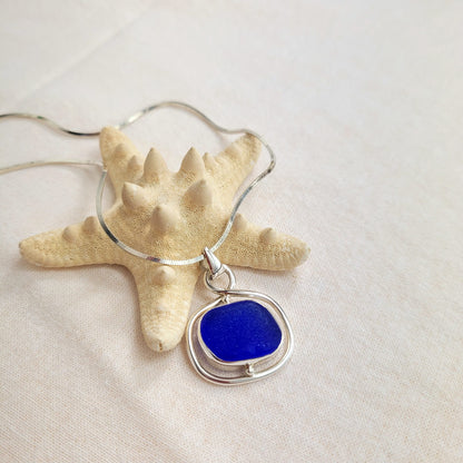 Cobalt Sea Glass & Sterling Silver Pendant