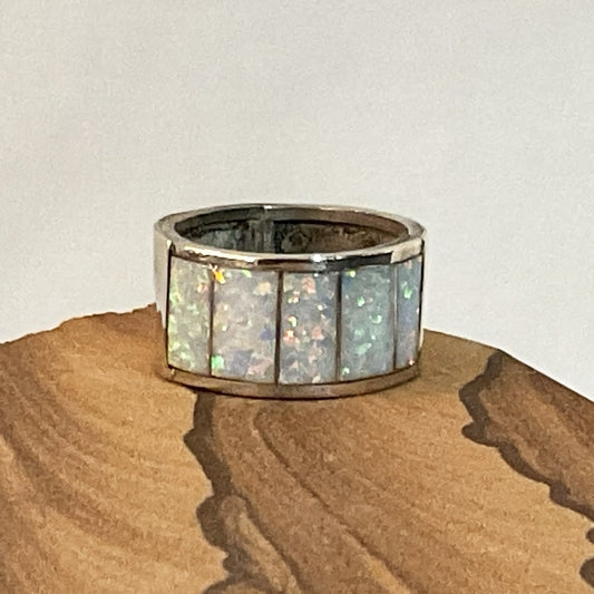 White Fire Opal Zuni Inlay & Sterling Silver Ring