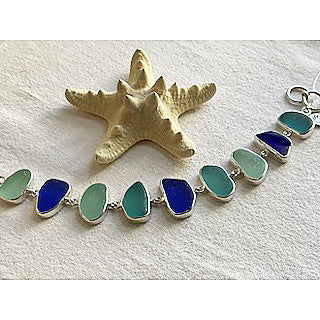 Cobalt Green Shades of Genuine Sea Glass & Sterling Silver Bracelet