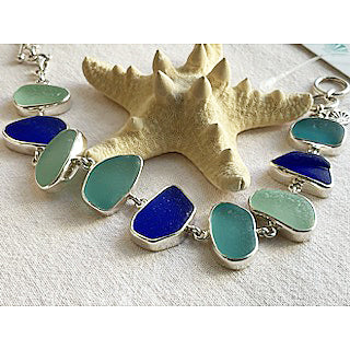 Cobalt Green Shades of Genuine Sea Glass & Sterling Silver Bracelet