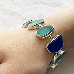 Cobalt Green Shades of Genuine Sea Glass & Sterling Silver Bracelet